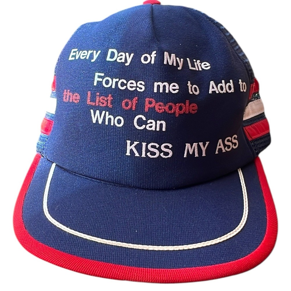 VTG Three Stripe Mesh Snapback funny  kiss My A$$‎ Parody Trucker Hat Cap USA